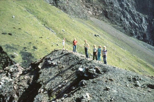 Family and a few island youngsters on the summit of the new volcano on Tristan.