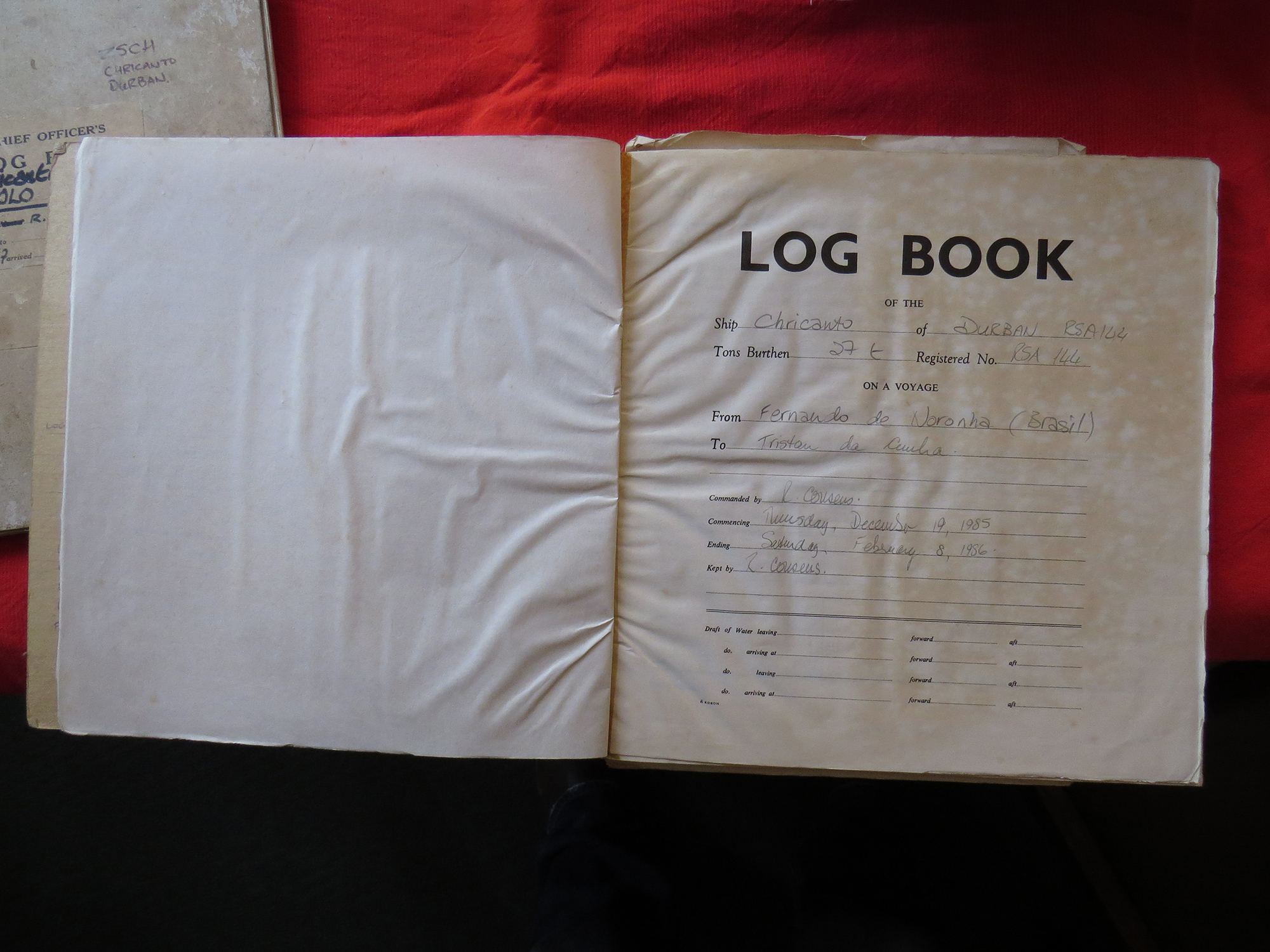 The ship's log book of Chricanto, open to the Fernando-to-Tristan page.